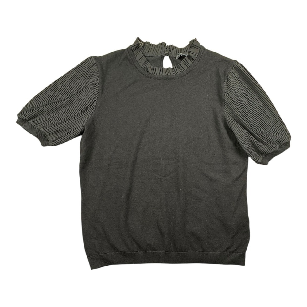 Cadrina Apparel Black Pleated‎ Sleeve Blouse Women's M Ruffle Neck